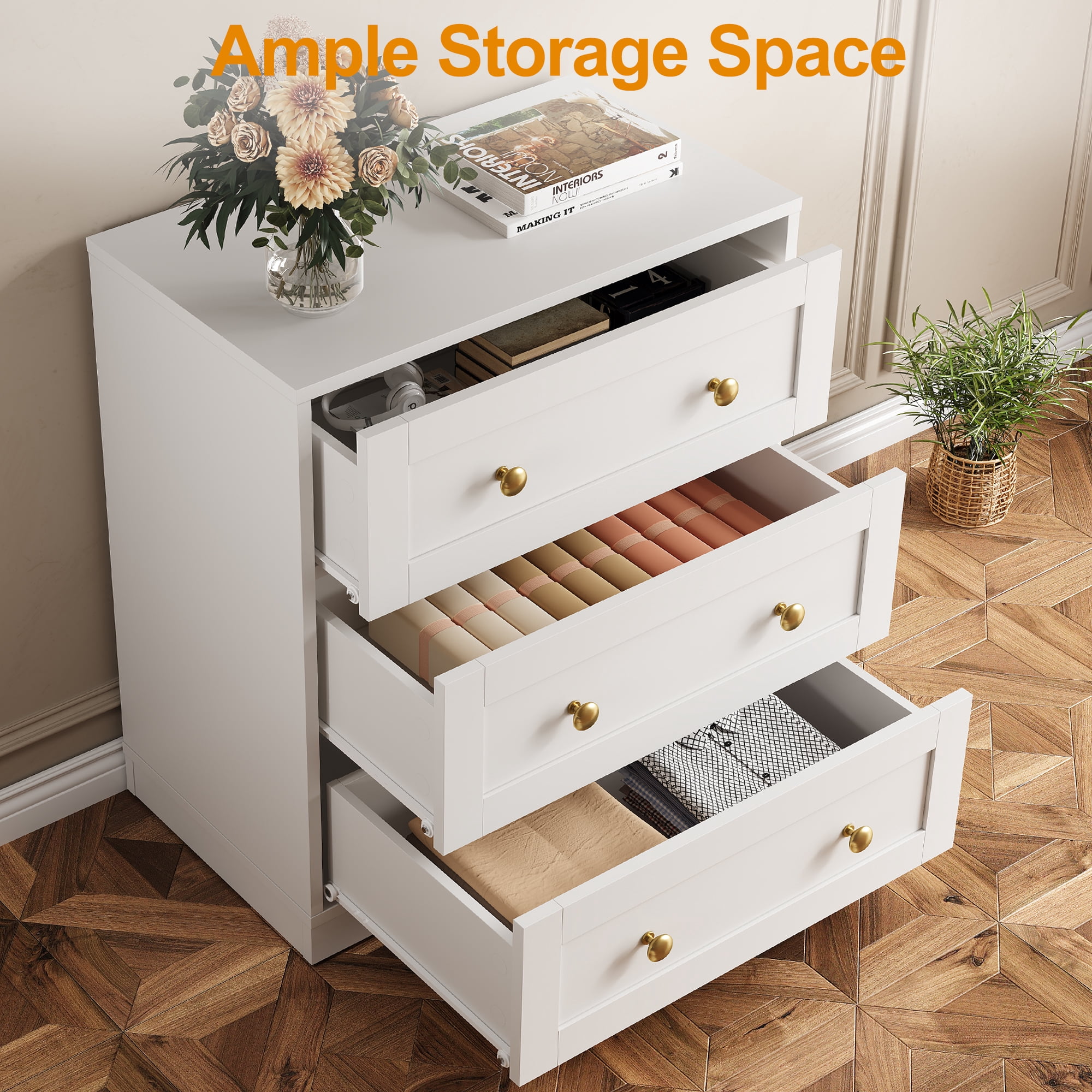 May in Color Set of 2 Nightstands, Modern 3-Drawer Bedside Tables with Gold Knobs, Wooden End Tables for Bedroom, Living Room, Hallway, or Closet