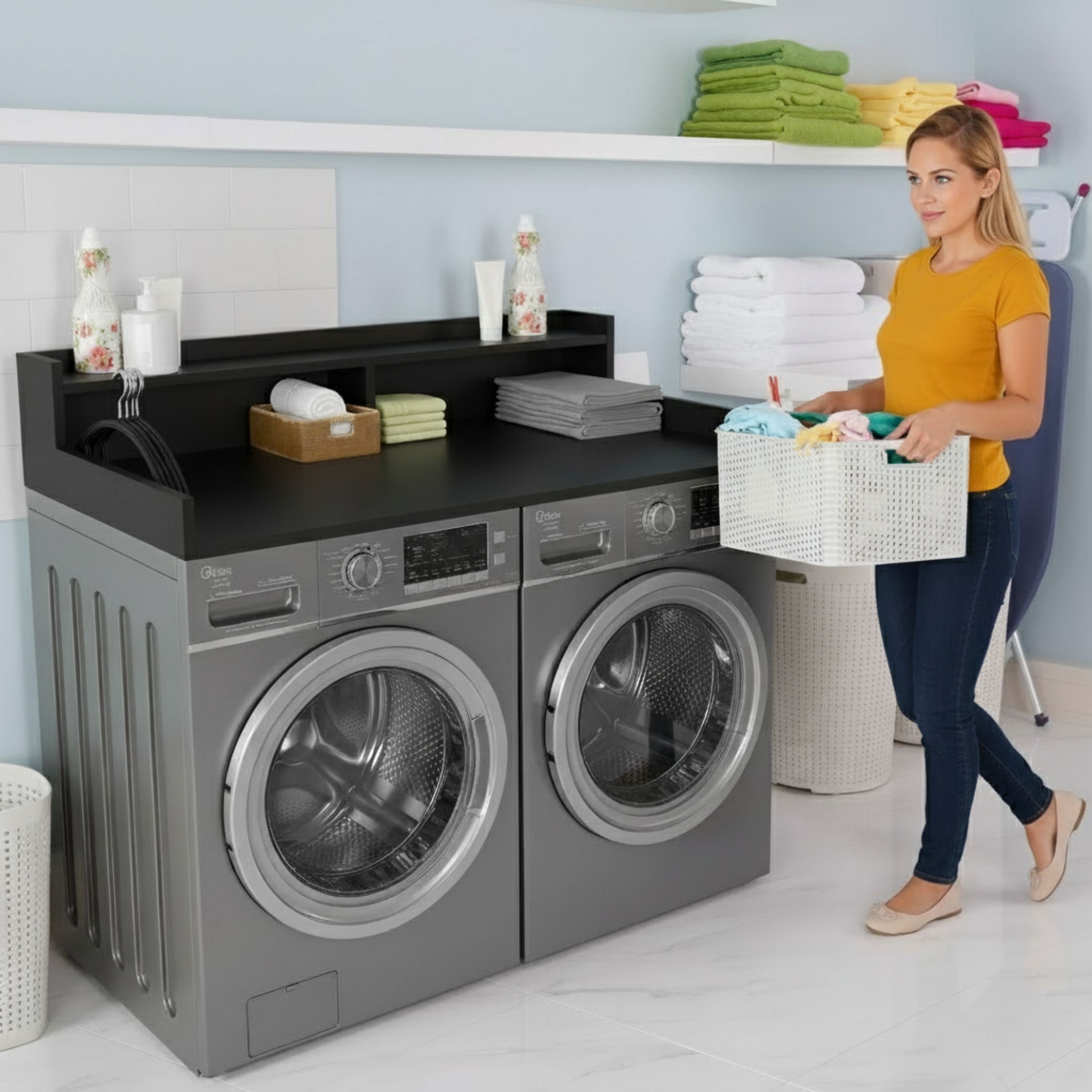 OfficeSimpli Large Washer Dryer Countertop with Shelf - 30 x 58 Inch - Made in USA Laundry Countertop Over Washer and Dryer with Non-Slip Pads, Storage Shelf, Laundry Topper Organizer, Black