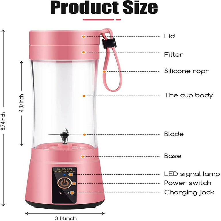 Portable Blender, Personal Size Blender USB Juicer Cup, 13oz Fruit Mixer  Machine with 2000mAh Rechargeable batteries, Mini Travel Blender for Shakes