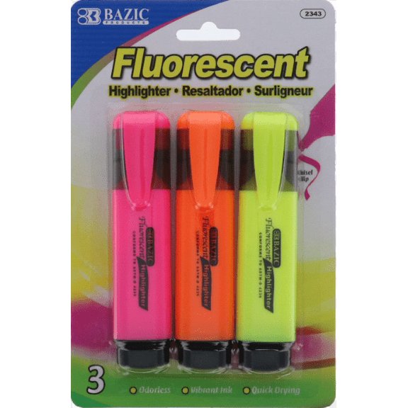 Highlighter Fluorescent 3Pk - Ast Color - 1 count only