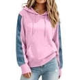 thumbnail image 4 of JGGSPWM Womens Denim Sleeve Patchwork Hoodie, Drawstring Color Block Pullover Sweatshirt, Relaxed Fit Fall Streetwear Tops Pink S, 4 of 7