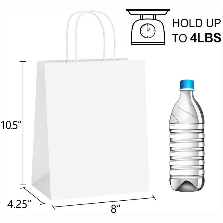 Qutuus White Gift Bags Bulk with Handles 25 Pcs - 8x45x10 White Craft Bags Medium Size White Paper Gift Bags White Paper Bags with Handles Bulk, 8x4.5