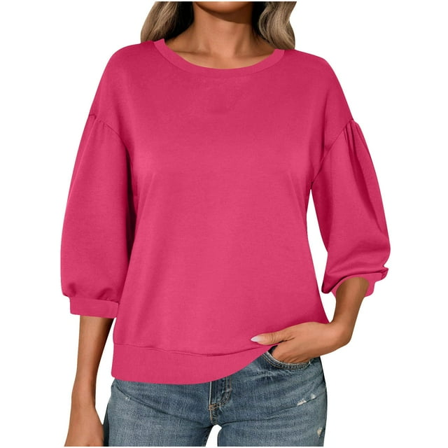 BLVB Womens Oversized Sweatshirt 3/4 Sleeve Crewneck Sweatshirts Solid Color Casual Fall Pullover Tops