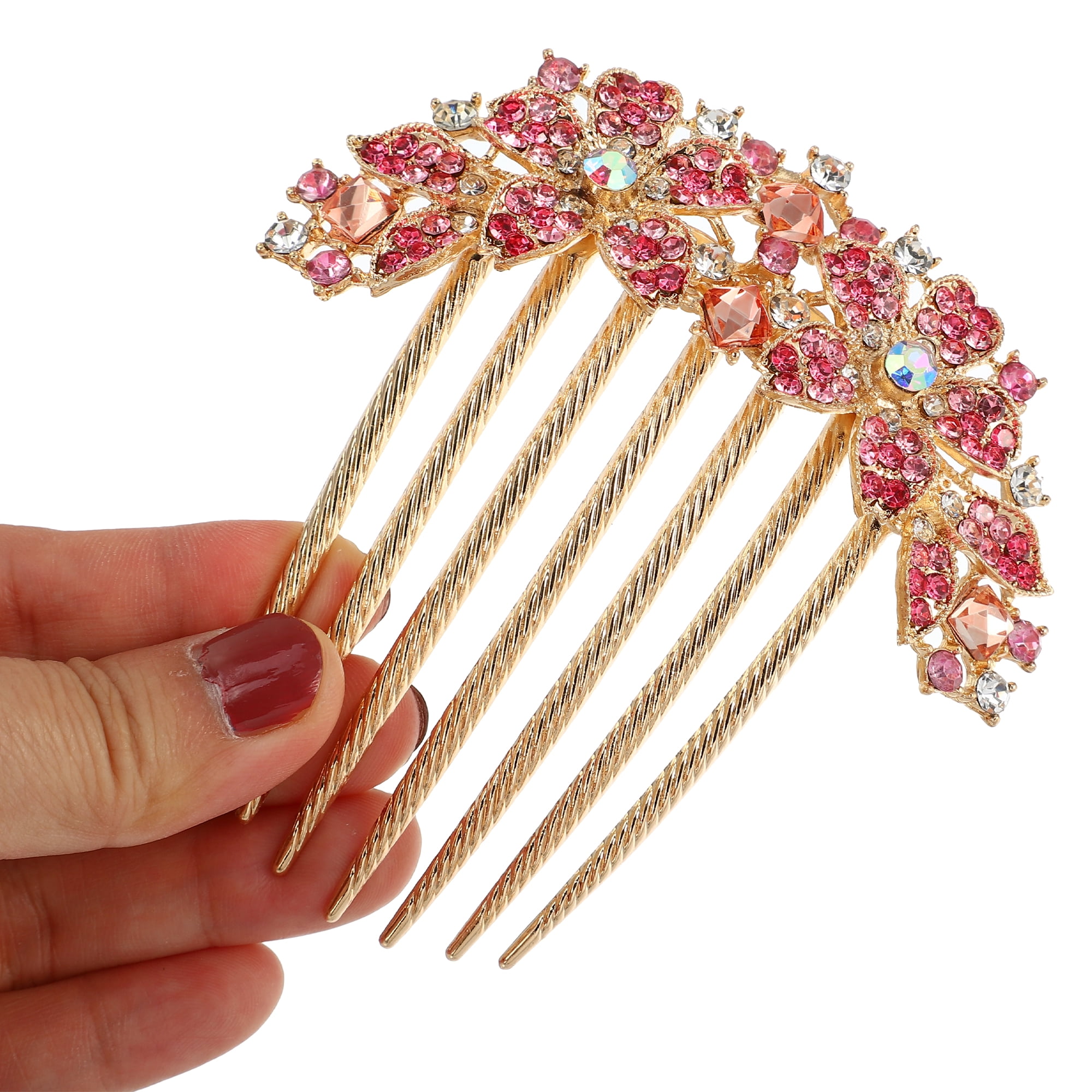Unique Bargains Women Rhinestone Inlaid Flower Hair Comb Pink