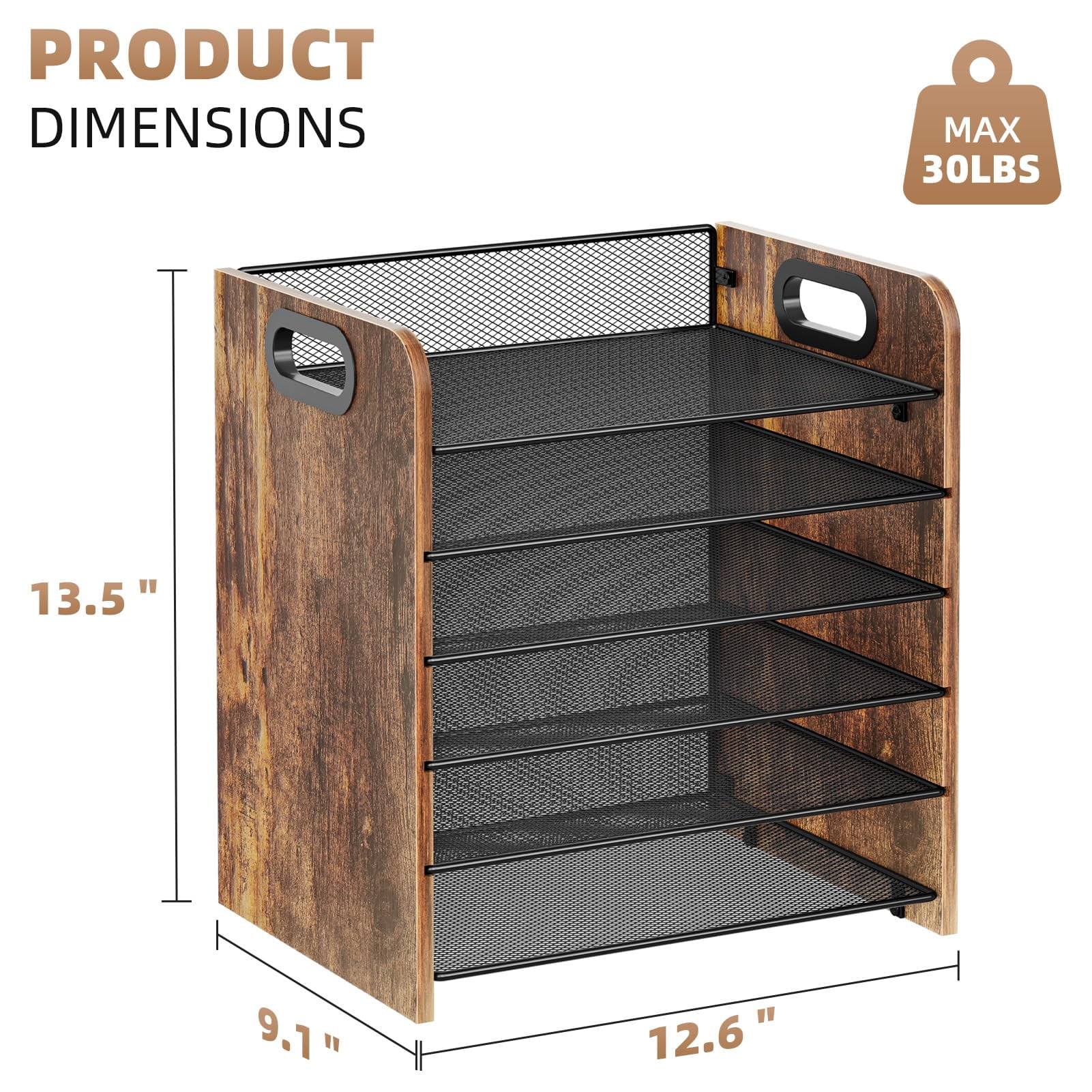 Marbrasse 6-Tier Wooden and Metal Mesh Desk Organizer with Handles, Office Paper Tray Letter Organizer for Home or Office