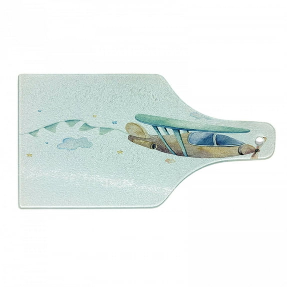 Travel Cutting Board, Nursery Scene of an Airplane Clouds and Stars, Decorative Tempered Glass Cutting and Serving Board, in 3 Sizes, by Ambesonne