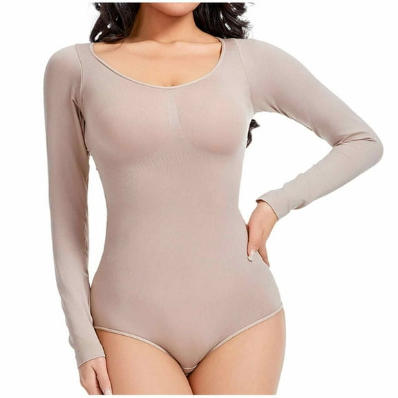 FAHXNVB Women's Shapewear Bodysuit Body Shaper Seamless Crewneck Long Sleeve Compression Slimming Bodysuit