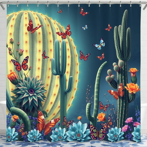 Tropical Beach Scene Shower Curtain with Trees Ocean Vintage & Flowers - Vibrant Decor