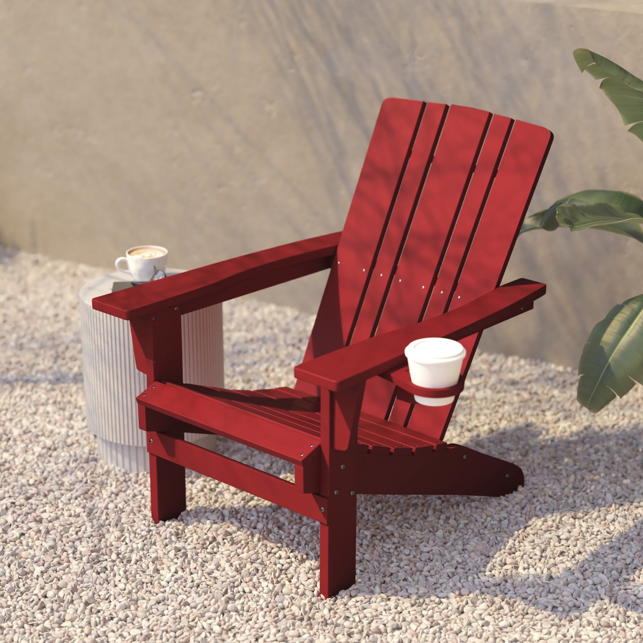 BizChair Adirondack Chair with Cup Holder, Weather Resistant HDPE Adirondack Chair in Red