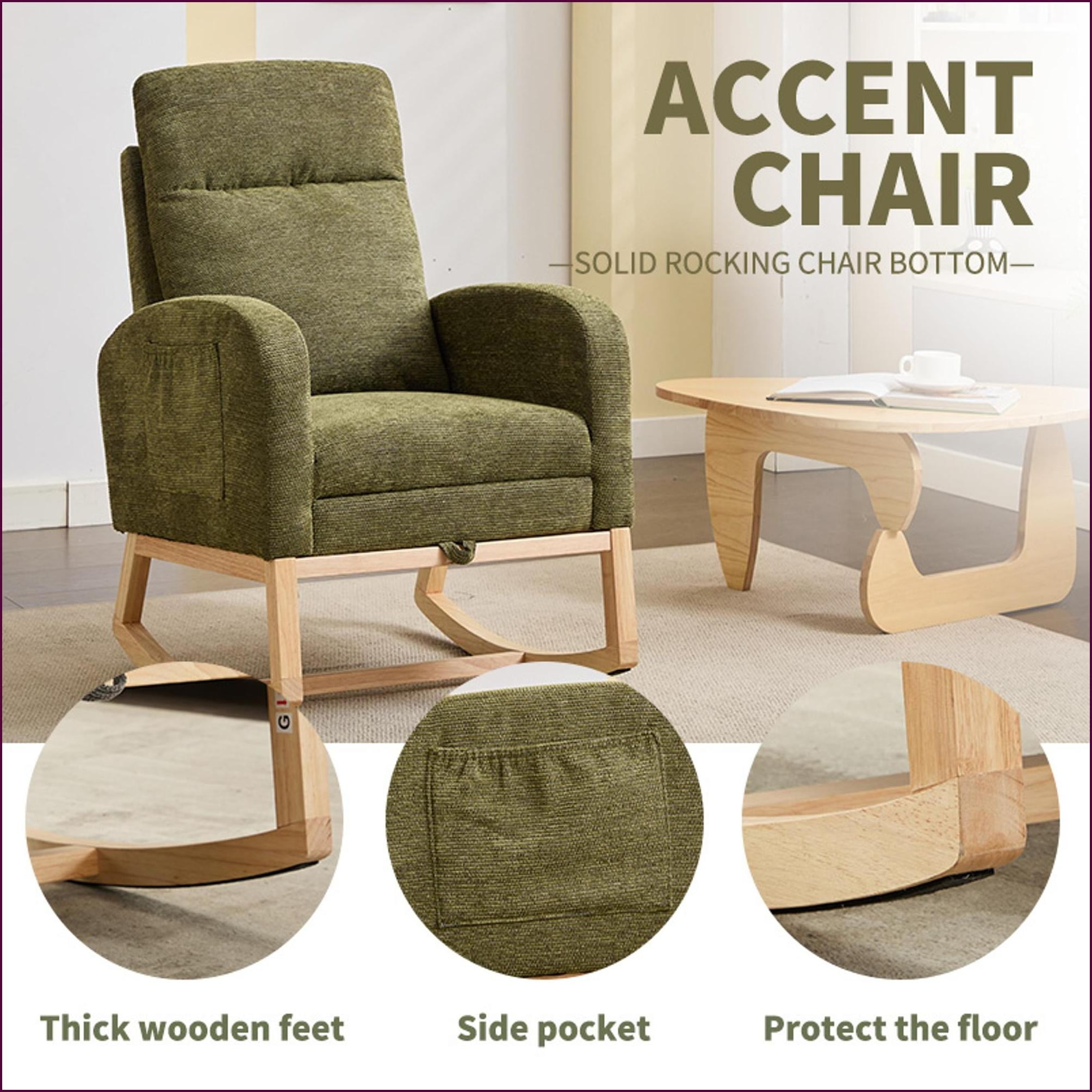 Rocking Chairs, Modern Upholstered Nursery Glider with Solid Wood Legs, High Backrest & Side Pocket | Polyester Blend | Teddy Fabric