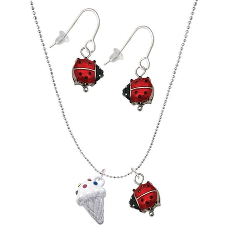 Delight Jewelry 3-D Vanilla Ice Cream Cone with Crystal Sprinkles Red Lucky Ladybug Necklace and Dangle Earrings Set
