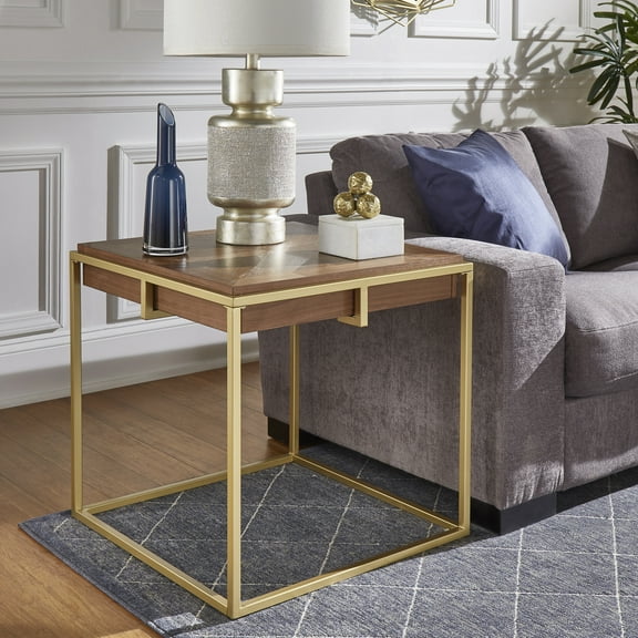 Weston Home Mako Modern Square Wood Top End Table with Gold Metal Base, Natural Finish