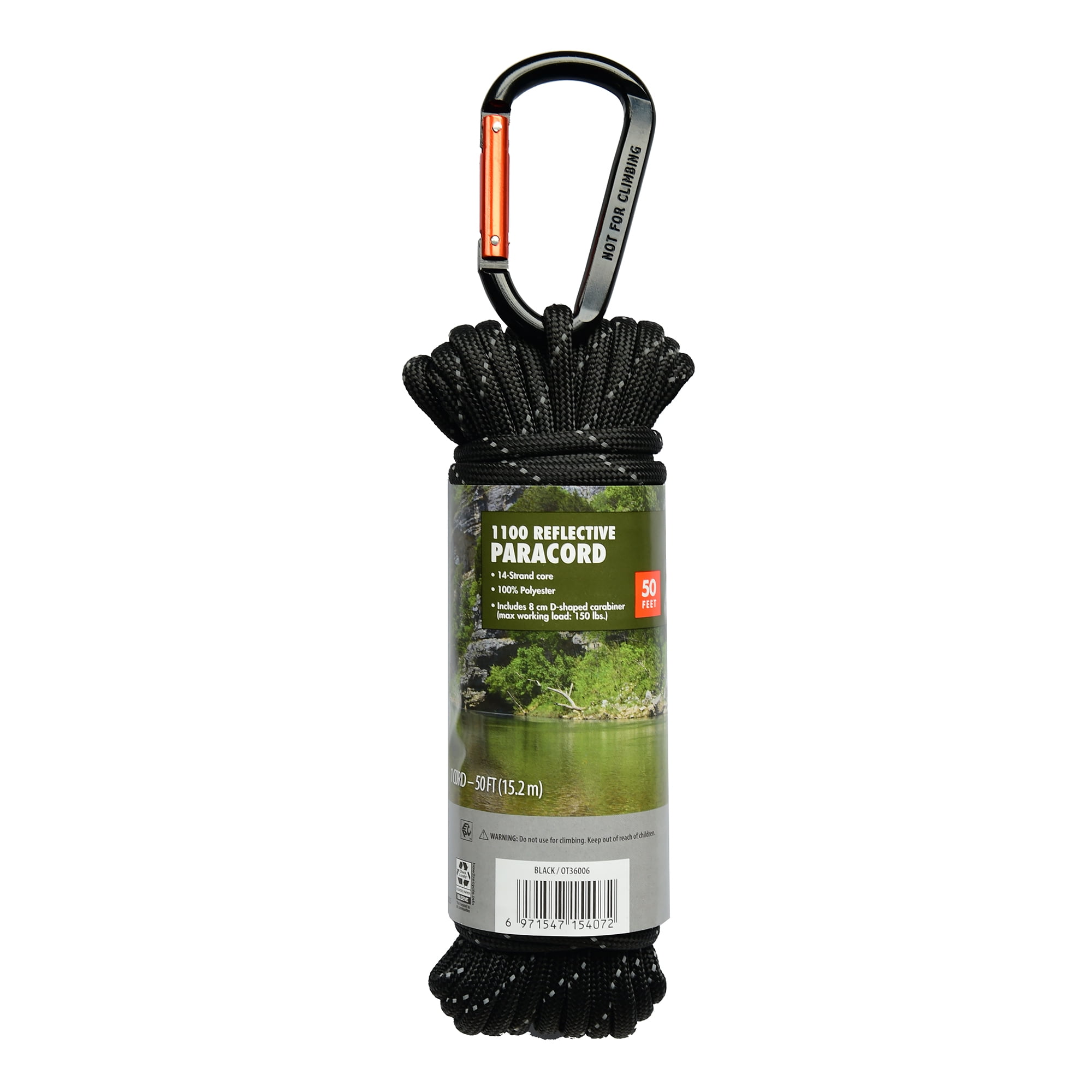 Ozark Trail 50Ft Reflective 1100 Paracord with 8 cm D-Shaped Aluminum  Carabiner, Black 