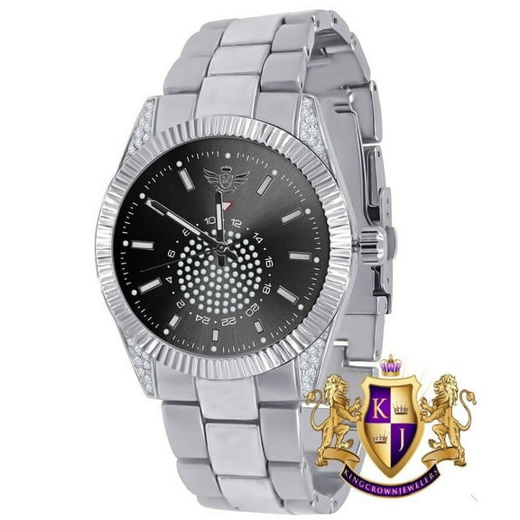 Men's Stainless Steel 14K White Gold Finish Black Dial Simulated Diamond 5 ATM Water Resistance Precedential Watch 40mm