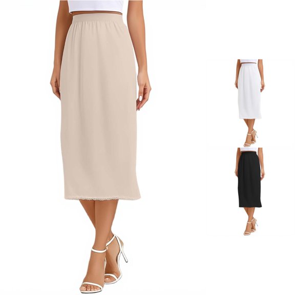 Wxolcjlv Womens Solid Midi Skirt Elastic Waist Lace Hem Casual Skirts