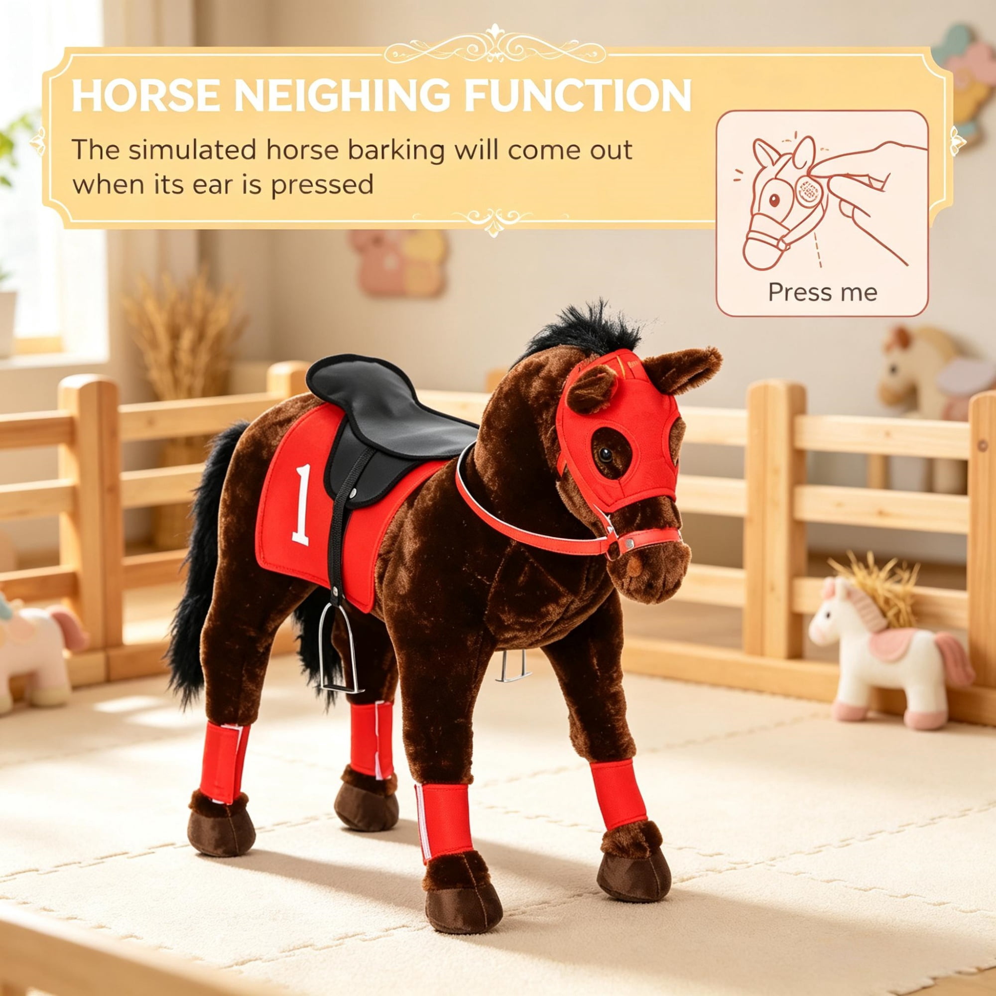 Kids Ride on Horse Toy Age 3-8, Press to Neigh, Equipped with Saddle & Stirrups
