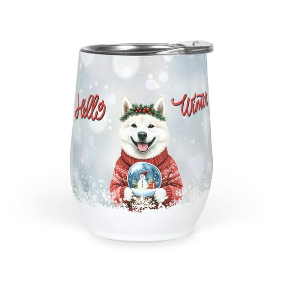 Hello Welcome Winter Akita Holding Snow Globe Snowman 12oz Stainless Steel Wine Tumbler Insulated Cup with Lid Inu Dog Lover - 13015