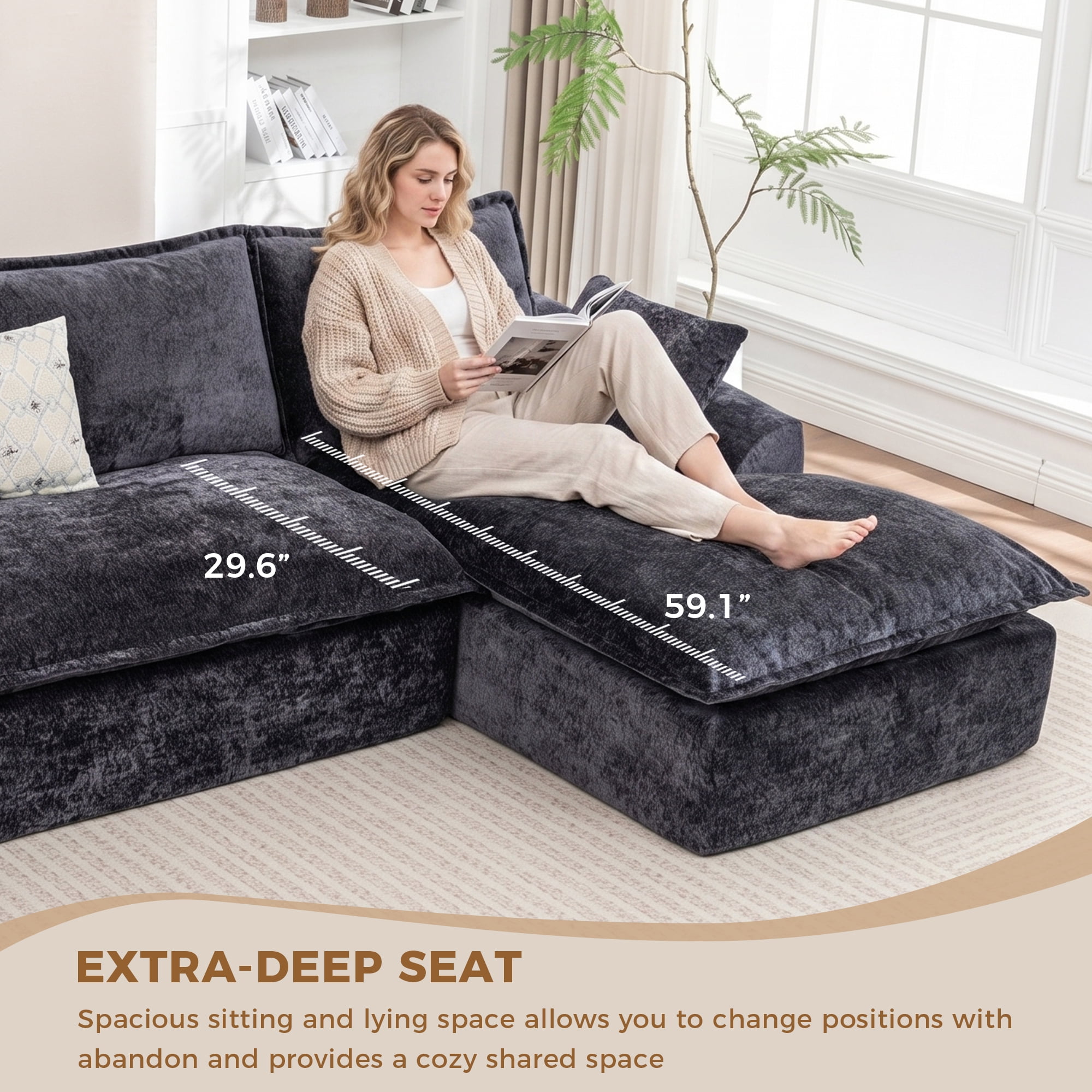 LEHZROAJ 103" Chenille Compressed Sofa,L Shaped Sectional Couch Pillows No Assembly Required for Living Room(Black,Right)