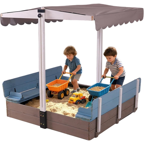 AIVITUVIN Sandbox with Lid and Cover for Kids Outdoor with 2 Foldable Bench Seats, Adjustable Canopy and Sand Protection Liner, 47.2" L x 47.2" W x 51.9" H, (Blue)