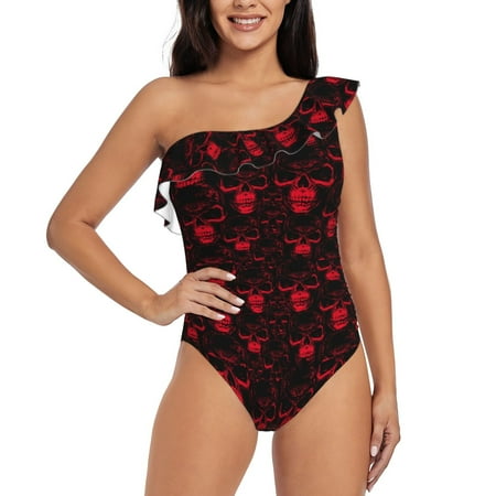 Uemuo Red Skulls 2 Print Women s One Piece Swimsuit Asymmetrical Neck Bathing Suit One Shoulder Side Cutout Ruffle Swimwear-X-Large