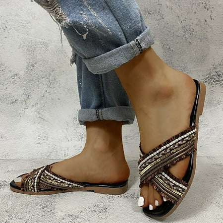 

Summer Savings! Zpanxa Slippers for Women Fashion Sequined Cross Open Toe Colorblock Flat Slippers Flip Flops for Women Black 40