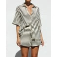 thumbnail image 5 of Women'S Summer Set Cotton Waffle Striped Shirt + Shorts Two-Piece Set Black XXL, 5 of 10