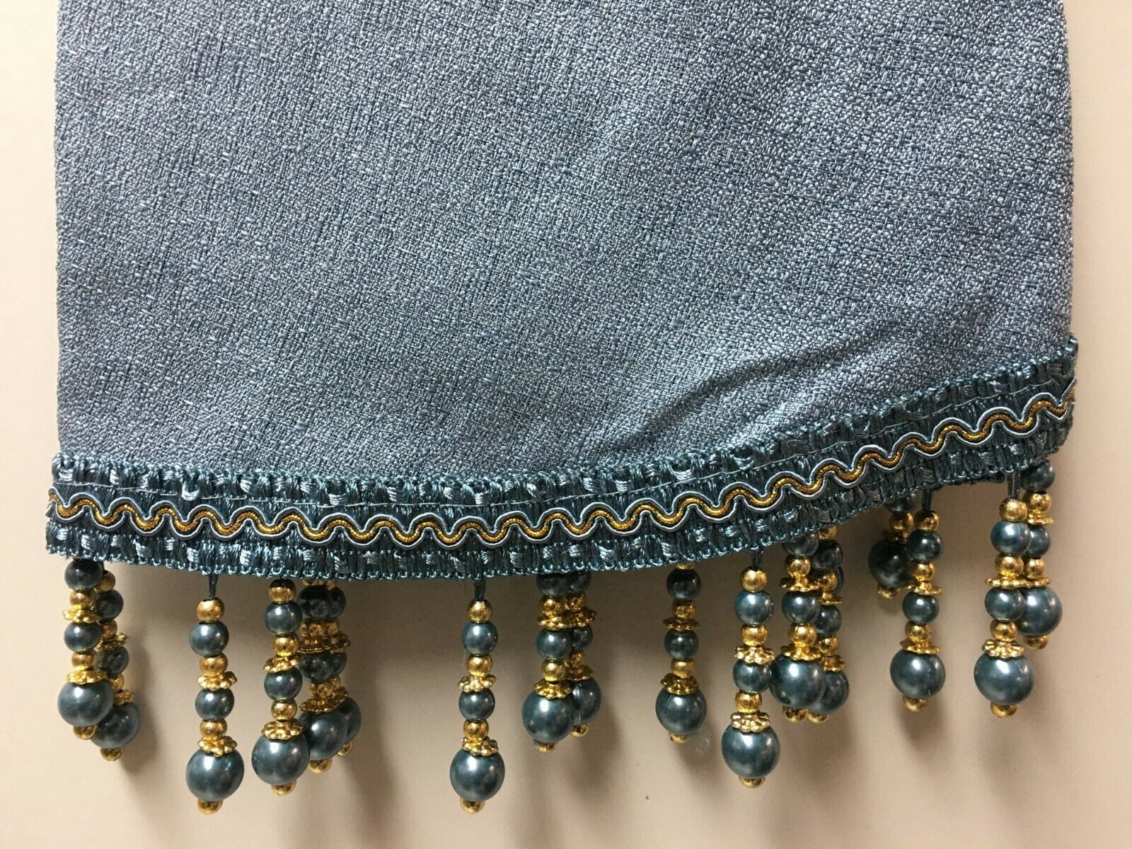 Leah 5 Piece Woven Textured Curtain Set with Beaded Austrian Valances (Blue)