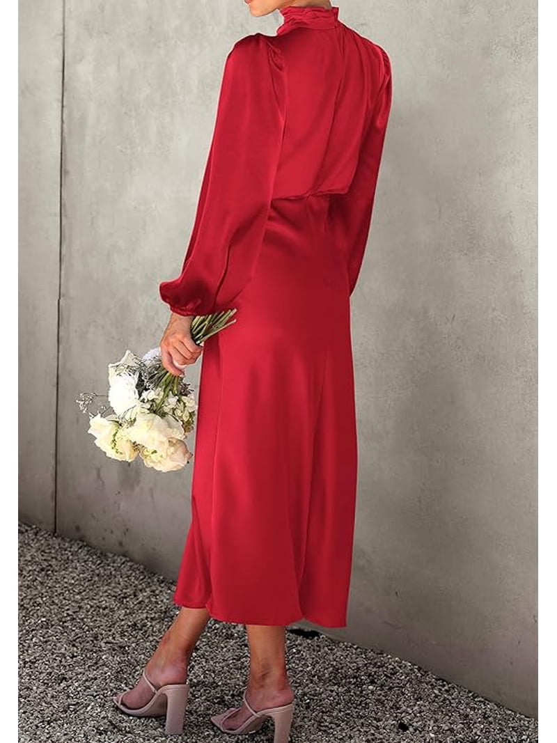 BTFBM Womens Mock Neck Satin Dress Spring Summer Long Sleeve Lightweight Formal Wedding Party Maxi Cocktail Dresses