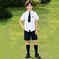 thumbnail image 2 of hoksml Boys Trim Cuff Short Sleeve Shirt and Shorts Set with Tie, Back to School Outfit for Kids, 5PCS, Stretchy Comfort Fit, 2 of 9