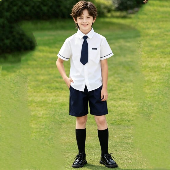 Mifsaly Boys School Uniform 3 Piece Sets Summer Lapel Button Down Shirts,Casual Shorts and Socks,Back To School Class Photos Stage Performance Preppy Outfits