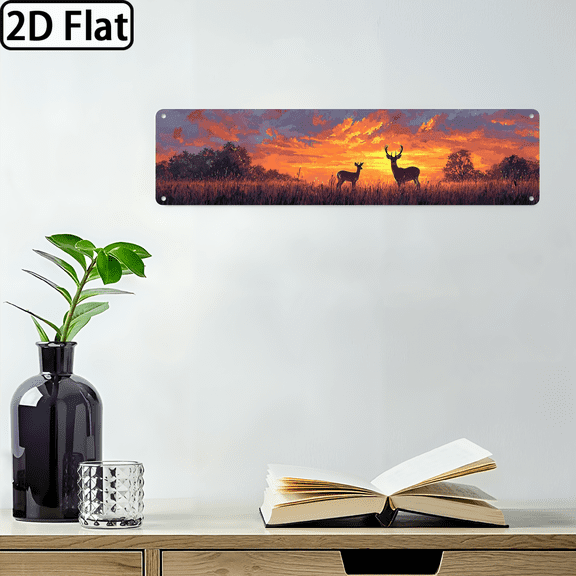 1pc Vintage-Inspired 4x16 Inch Wall Art - Playful Fawns in Sunset Meadow Line Art Metal Sign, Colorful Retro Home Decor for Bedroom, Living Room, Office - Easy to Hang, No Electricity Needed,