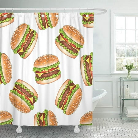 KSADK Burger Hamburger Pattern Food on White Fast Design Cheese Fries American Beef Bread Shower Curtain 66x72