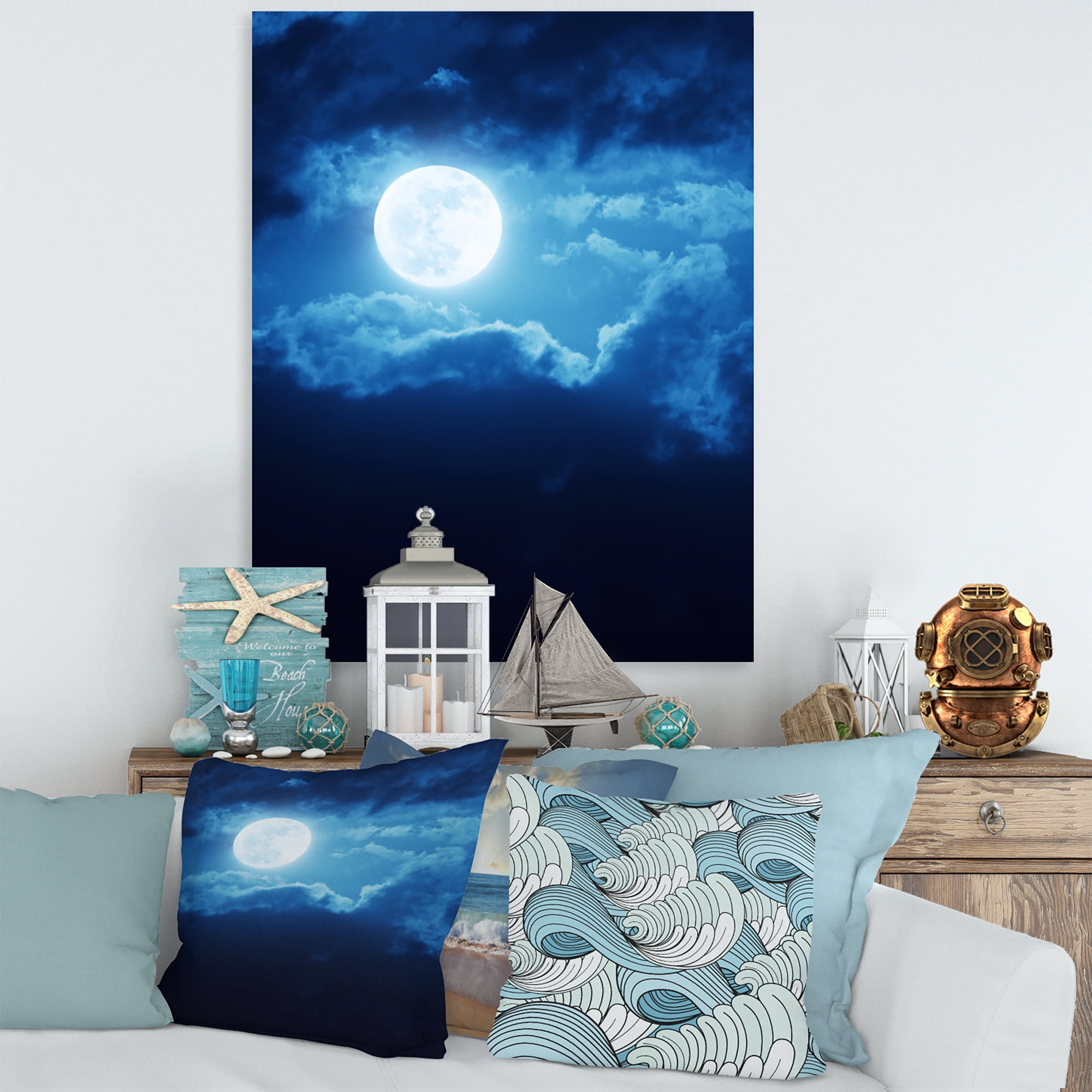 Designart ' Full Moon Night in Cloudy Sky III ' Nautical & Coastal Canvas Wall Art Print