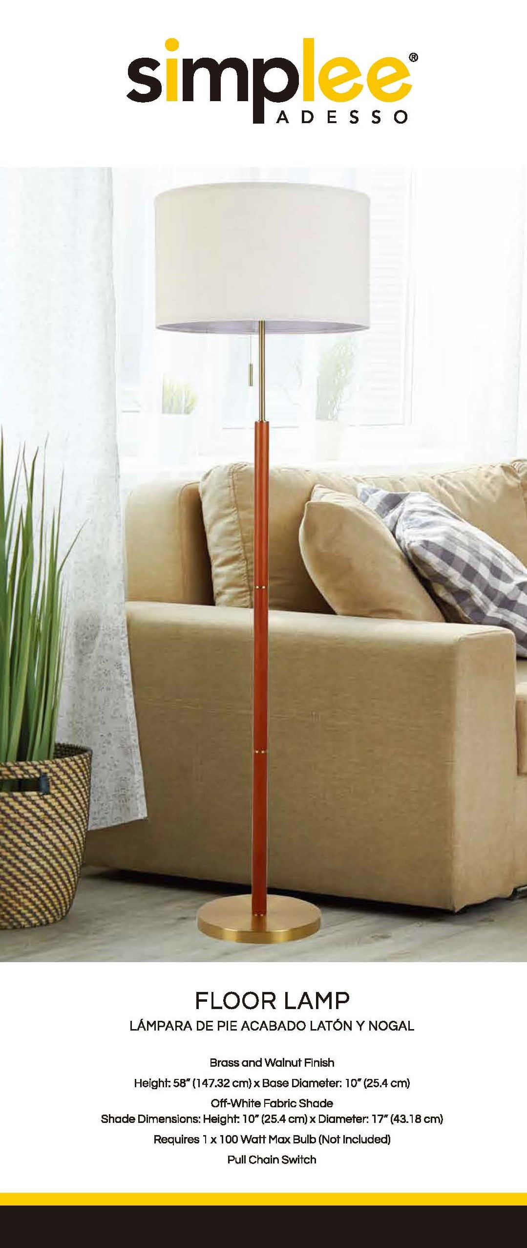 Simplee Adesso Wood and Brass 58"H Walnut Finish Floor Lamp with Pull Chain, Transitional, Adult Use