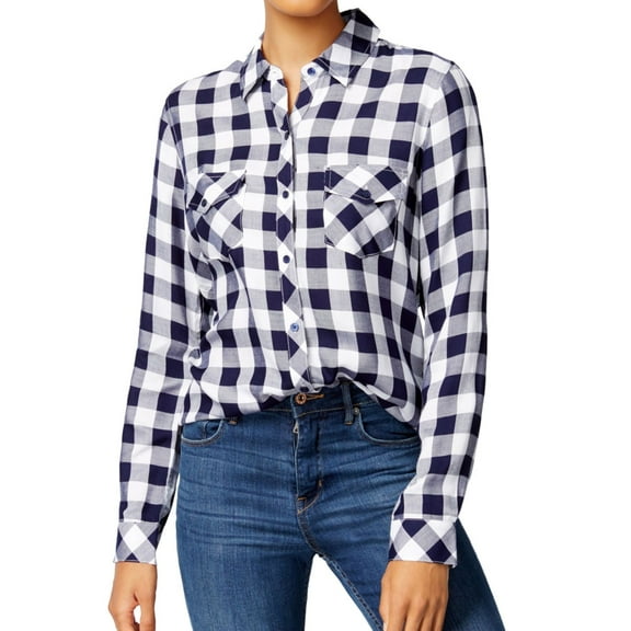 MAISON JULES $59 Womens New 1430 Navy Check Collared Cuffed Button Up Top XS B B