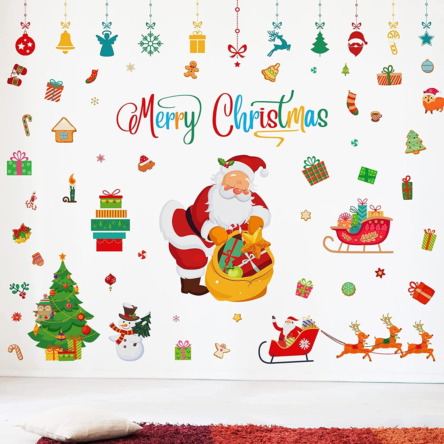 150 Pieces Christmas Wall Decals Merry Christmas Quote Wall Stickers Santa Claus Elk Tree Snowflake Window Clings Colorful Christmas Floor Stickers Decals Vinyl DIY Wall Art Decor Sticker, 2 Sheets