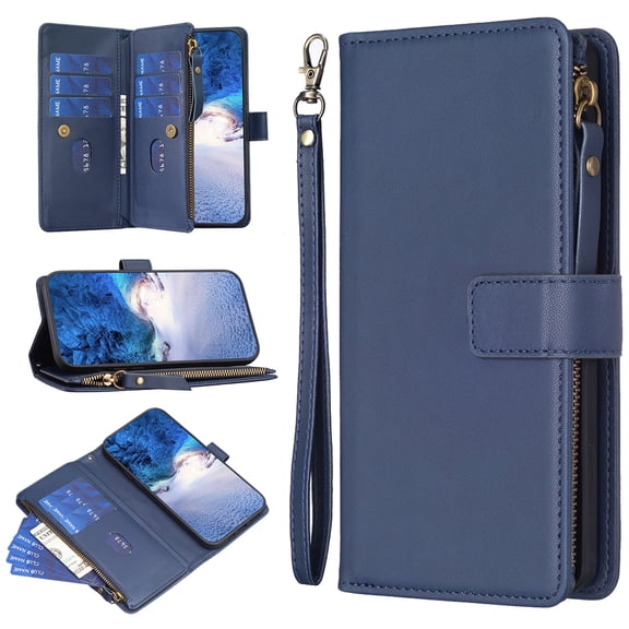 Zipper Wallet Case for iPhone 14 Pro Wrist Hand Strap PU Leather Flip Case, Credit Card Slots Kickstand Magnetic Clasp TPU Shell Shockproof Cover for iPhone 14 Pro Women Men, Blue