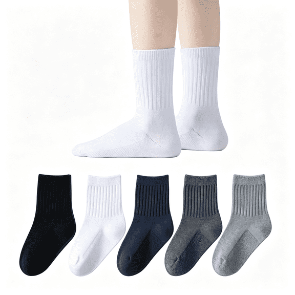 TELOLY Unisex Kids Crew Socks Boys Dress Socks Soft Cotton Seamless School Uniform Socks for Girls White Navy 5 Pairs Soft Cotton Seamless Boys Crew Socks