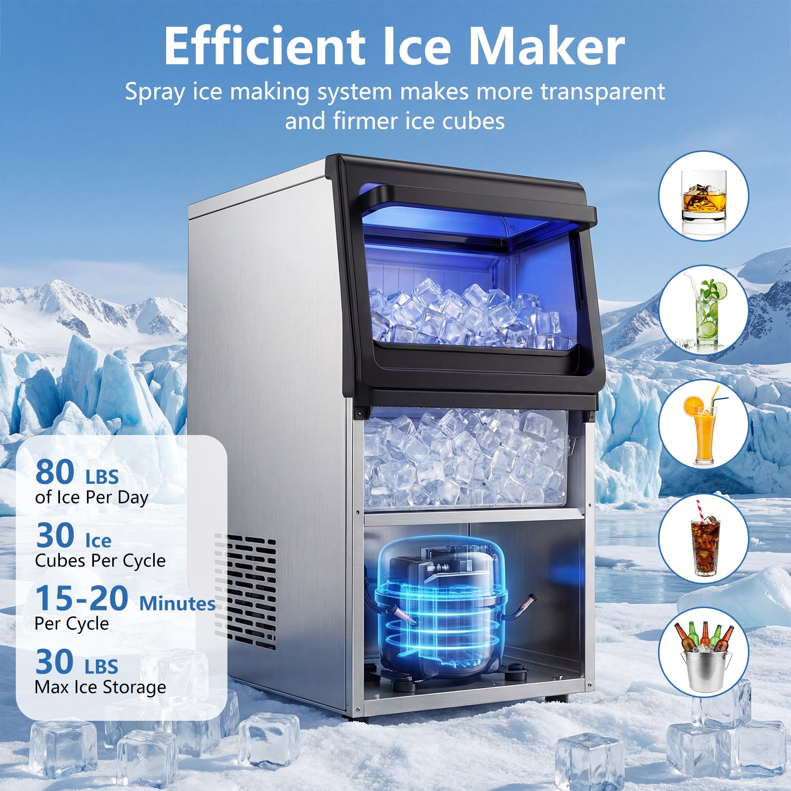 Costway Commercial Spray-Type Ice Maker Machine, Under Counter & Freestanding Ice Making Machine