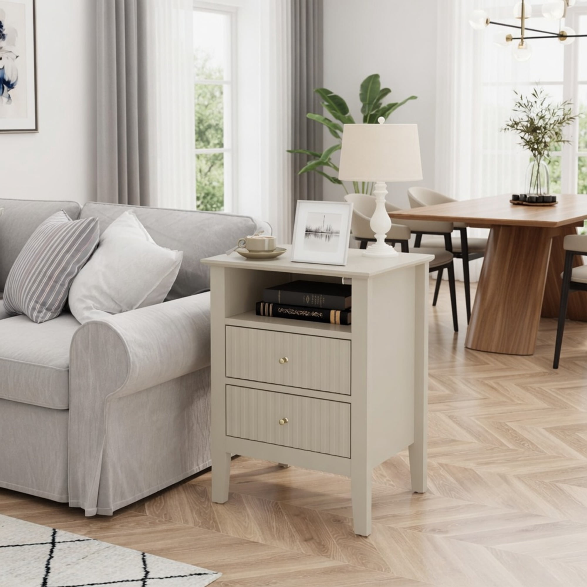 18" Beige Fluted Nightstand with 2 Drawers - Modern Bedroom Sofa Side Table