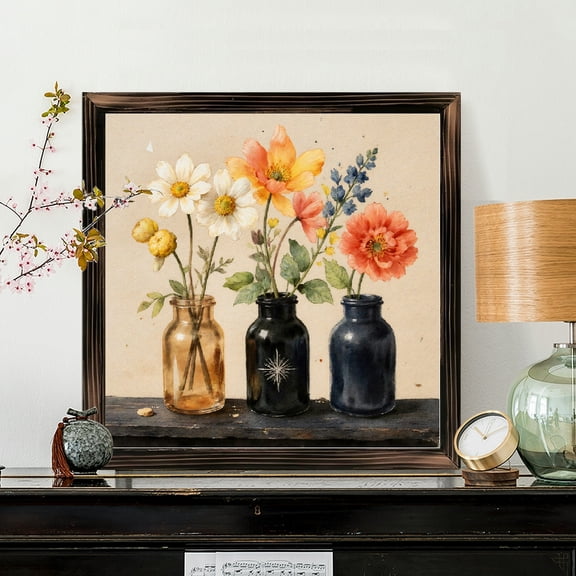 8x8 Inch Framed Square Wood Wall Art, Still Life Watercolor Floral Painting with Three Glass Vases on Cream Background, Rustic Wooden Decor for Living Room or Bedroom, 1pc
