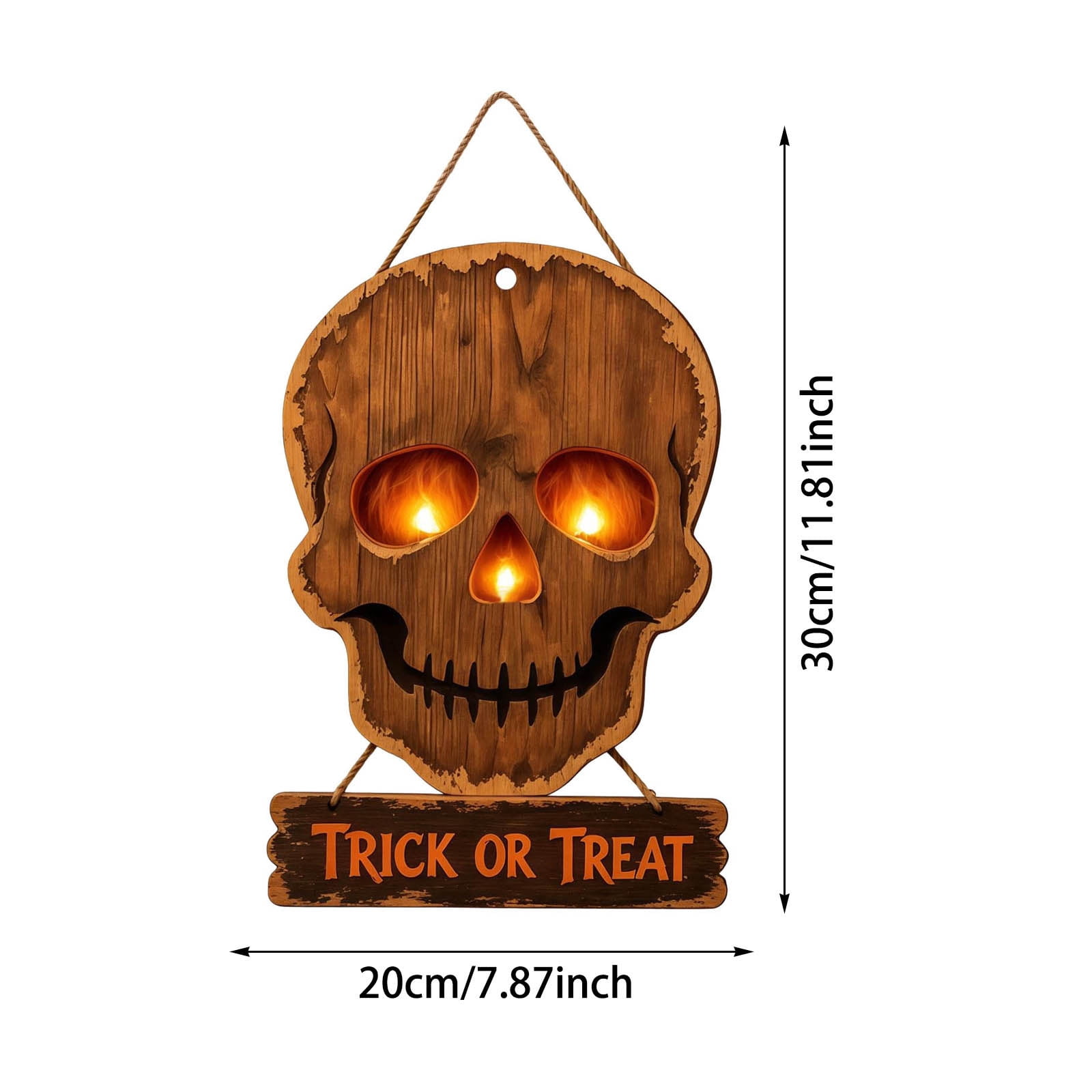 Lighted Wooden Skull Hanging Sign, Trick or Treat LED Glow Skull Door Hanger, Vintage Distressed Wood Wall Decor for Halloween Front Door Porch Indoor Party Ornament 12 Inch