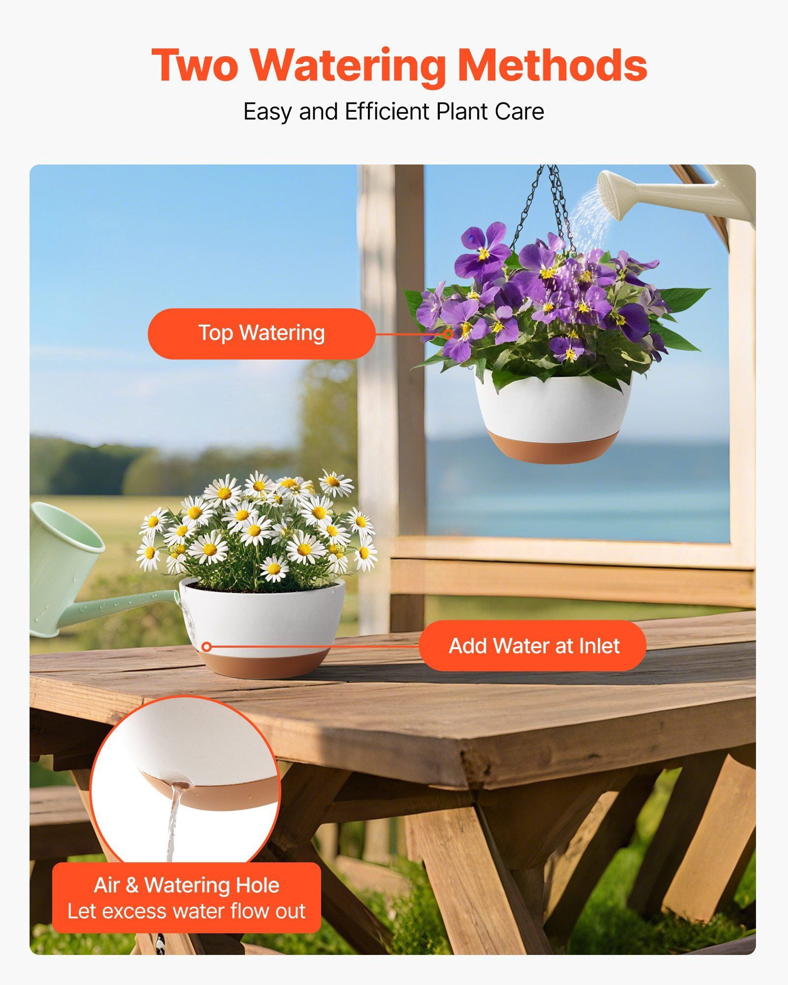 Hanging Planters, 10 Inch Self-Watering Hanging Planter, 2 Pack Flower Pots with Drainage Hole & 2 Kinds of Plant Hangers, Plastic Basket Pots, for Garden Home Decor, Indoor & Outdoor Plants