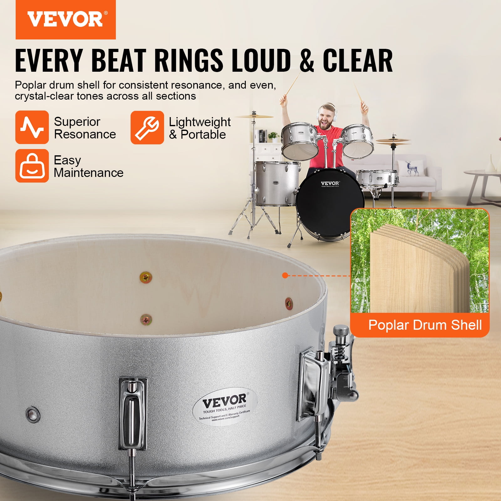 VEVOR Adult Drum Set, 5-Piece,22 inches Complete Full Size Drum Kit with Bass Toms Snare Floor Drum Adjustable Throne Stands Cymbal Hi-Hat Pedal and Drumsticks, Silver