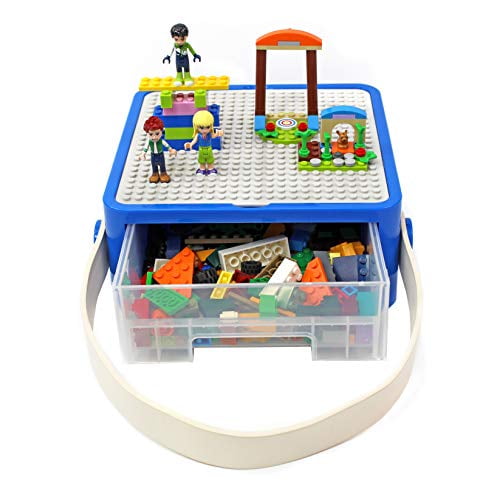 Bins & Things Lego-Compatible Storage Container with Lego Compatible Building Baseplate Lid (8 x 8 x 3.25 Inches) Durable Toy Carrying Case with Plastic Handle - Brick Toy Storage Organizer