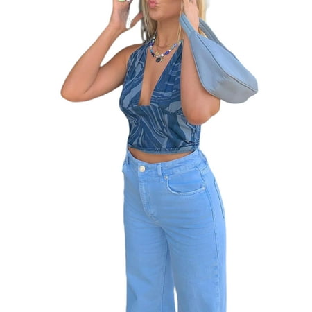 

wybzd Women Vintage Deep V Neck Backless Sleeveless Halter Camisole Vest Close-Fitting Crop Tops