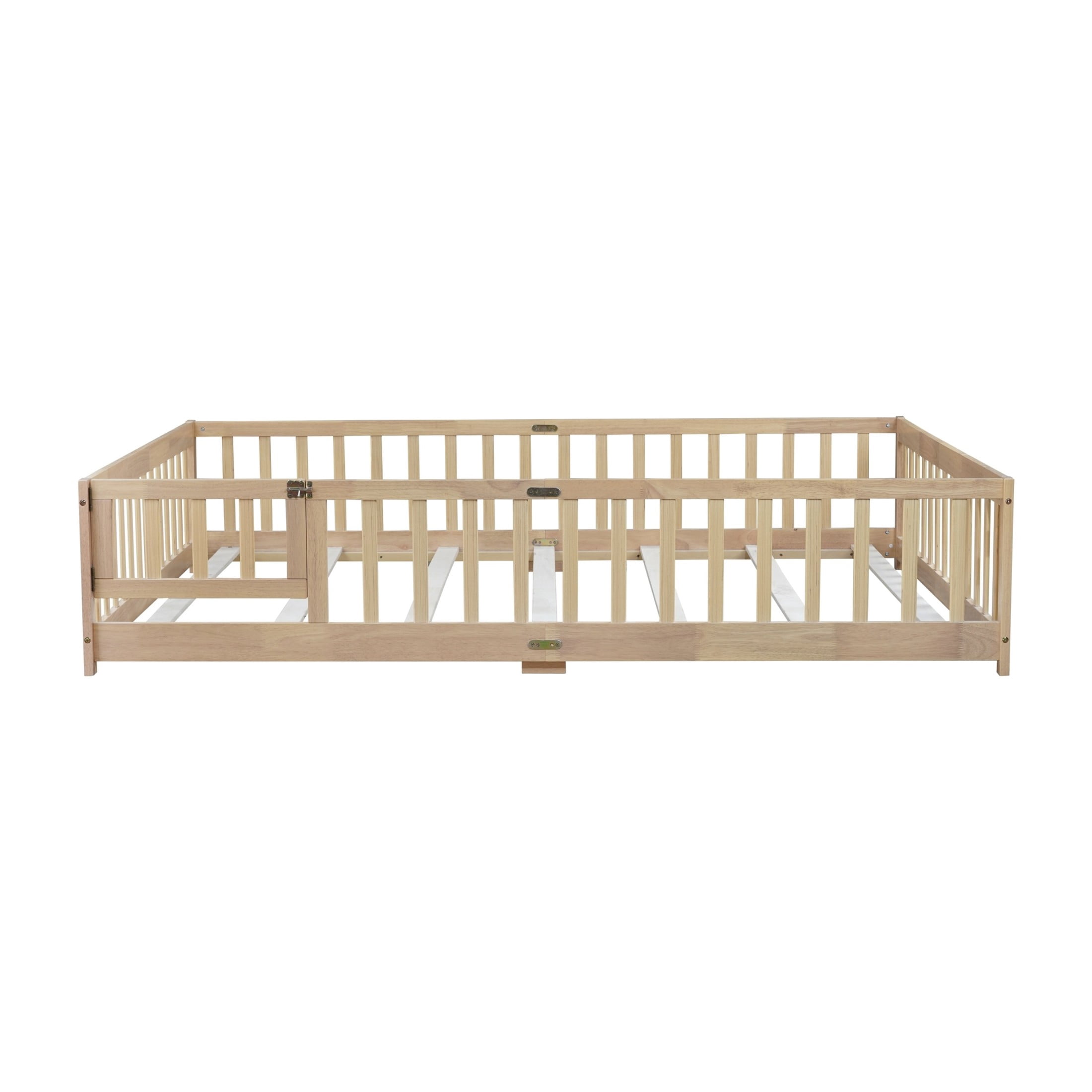 Noble House Corvel Queen Size Rubber Wooden Floor Bed with Safety Guardrails & Latching Fence Door, Natural
