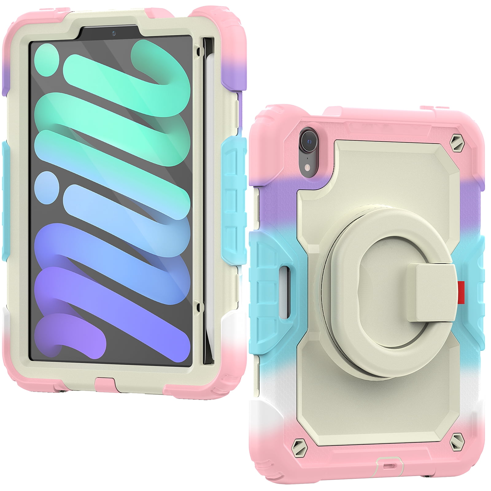 Dteck for iPad mini (6th Generation) Heavy Duty Kids Case with Pencil Holder Screen Protector Pencil Holder Ring Kickstand Cover for iPad Mini 6th Gen, Colorful Pink