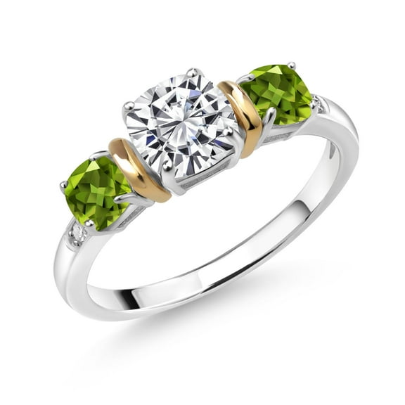 Gem Stone King 1.68 Cttw 925 Silver & 10K Yellow Gold IGI Certified Lab Grown Diamond and Peridot 3 Stone Ring for Women | 1 Ct Center Cushion Cut Diamond | E-F Color VS1-VS2 Clarity (Size 7)