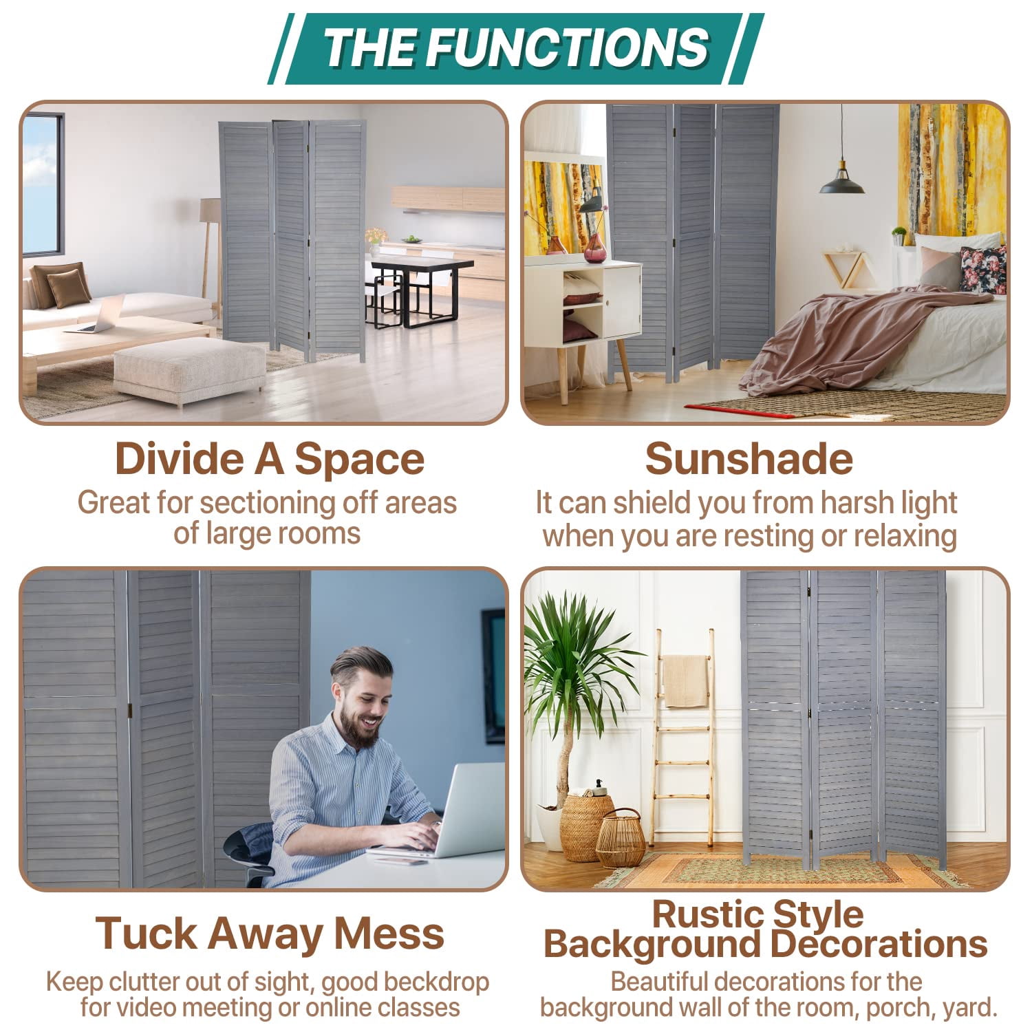 YRLLENSDAN Room Dividers and Folding Privacy Screens, Wall Divider for Living Room, Freestanding Indoor Room Divider for Room Separation, Gray 3 Panels